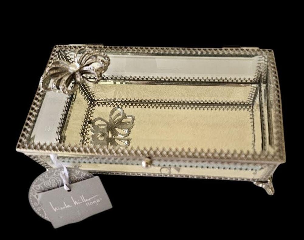Nicole Miller Ornate Glass Jewelry Box with Crystal Jeweled Embellishment, NWT
